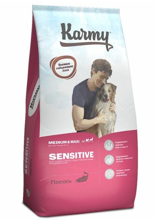 Karmy Sensitive Medium & Maxi Медиум и Макси Лосось корм для собак средних и крупных пород с чувствительным пищеварением, 14 кг