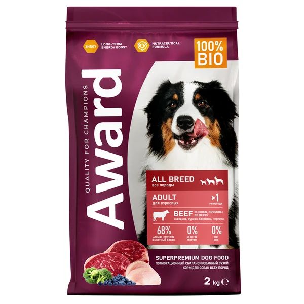 AWARD: корм для взрослых собак, с говядиной и курицей, с добавлением брокколи и черники, 2 кг