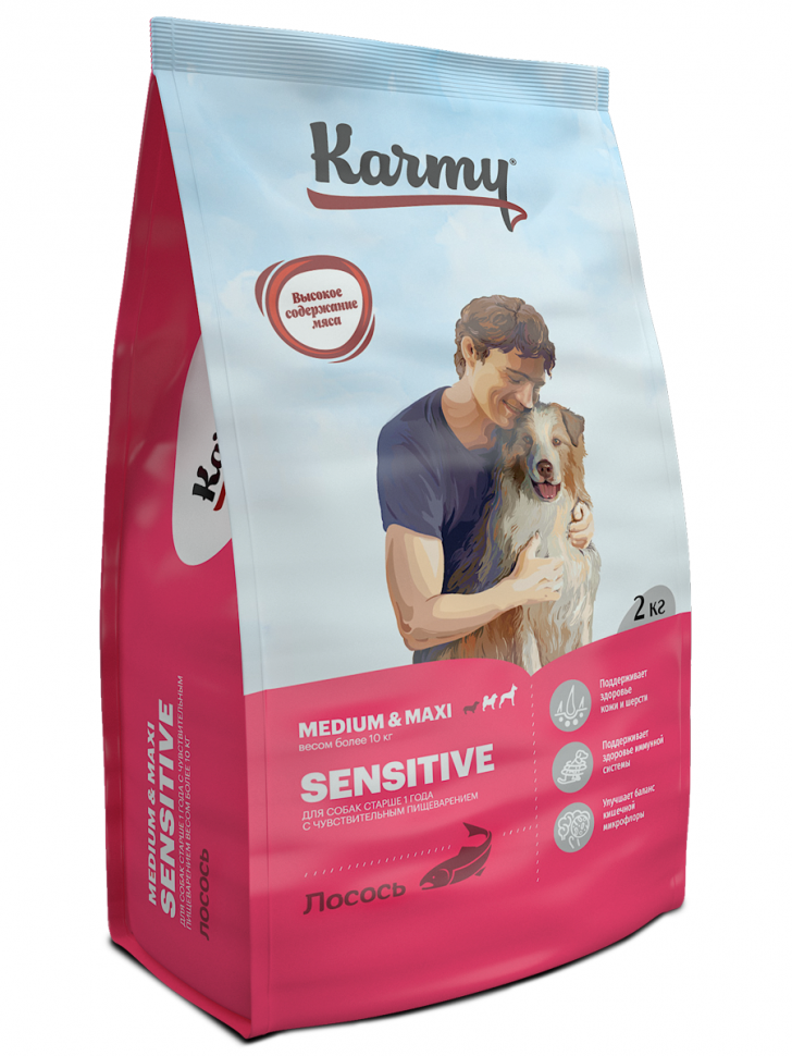 Karmy Sensitive Medium & Maxi Медиум и Макси Лосось корм для собак средних и крупных пород с чувствительным пищеварением, 2 кг