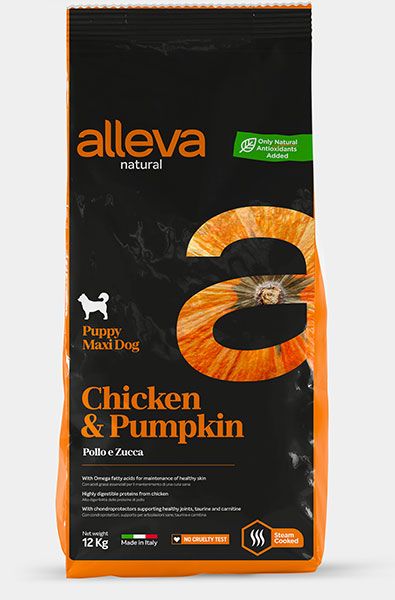 Alleva: Натурал, корм для щенков, с курицей и тыквой, Макси, 12 кг
