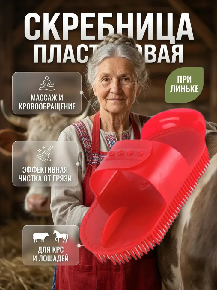 Скребница пластиковая для лошадей и коров, пластик, 18*9*7см, Китай