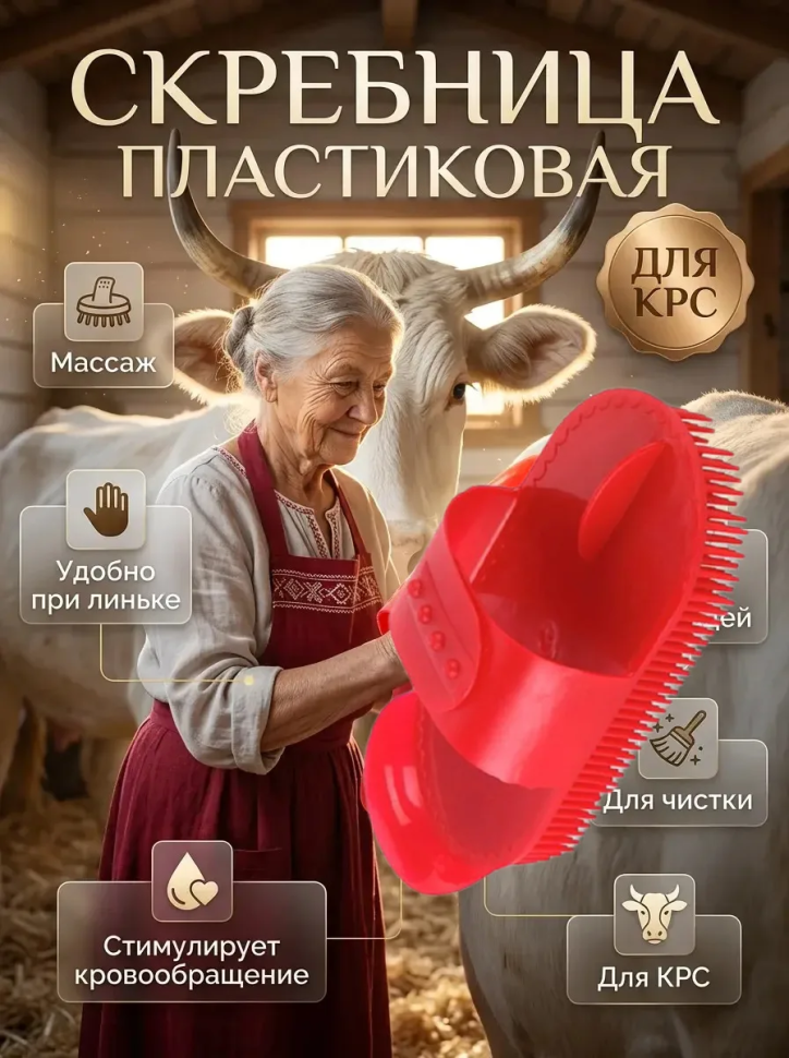 Скребница пластиковая для лошадей и коров, пластик, 18*9*7см, Китай