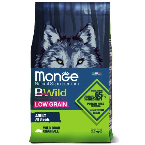 Monge: Dog BWild LOW GRAIN, низкозерновой корм, из мяса дикого кабана, для взрослых собак всех пород, 2,5 кг