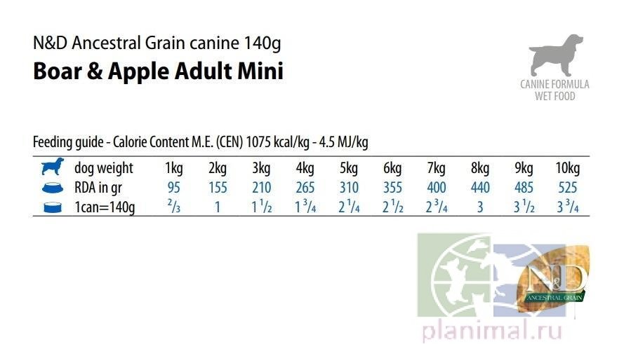 Корм влажный ND Dog ANCESTRAL Boar&Apple  Низкозерновой  Кабан с яблоком для собак 285 гр.