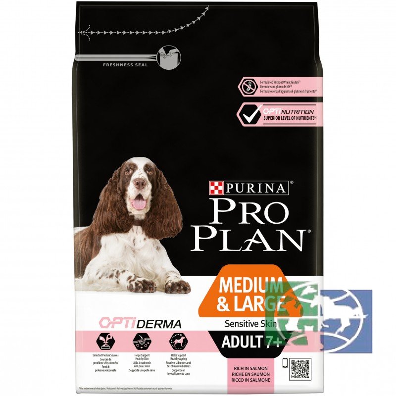 Сухой корм Purina Pro Plan для собак старше 7 лет средних и крупных пород с чувствительной кожей, лосось с рисом, 3 кг