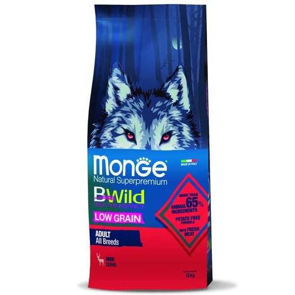 Monge: Dog BWild LOW GRAIN, низкозерновой корм, из мяса оленя, для взрослых собак всех пород, 12 кг