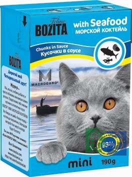 Bozita MINI with Seafood, мясные кусочки в соусе Морской коктейль для кошек, 190 гр.