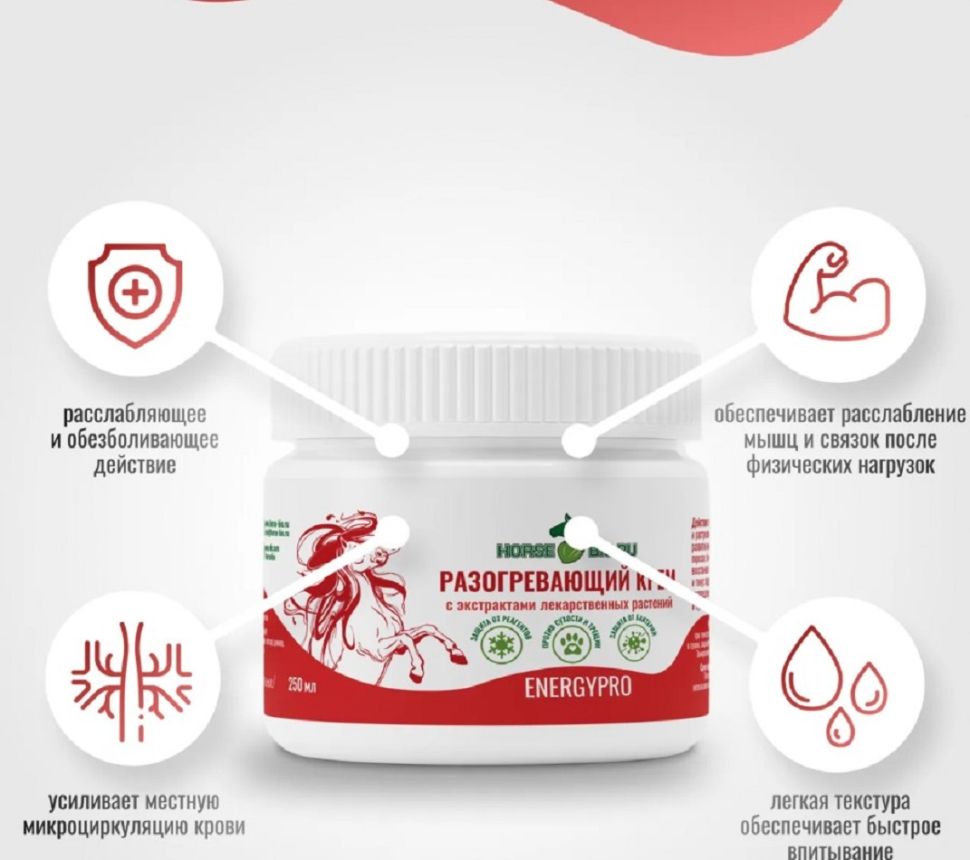 Horse-bio: Разогревающий крем EnergyPro для расслабления мышц, облегчения болей в суставах, 250 мл
