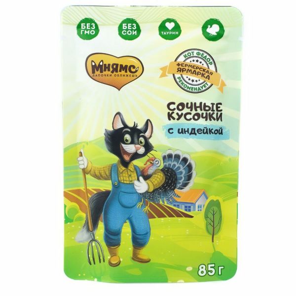 Мнямс сочные кусочки для кошек с индейкой «Фермерская ярмарка» линия Кот Федор 85г