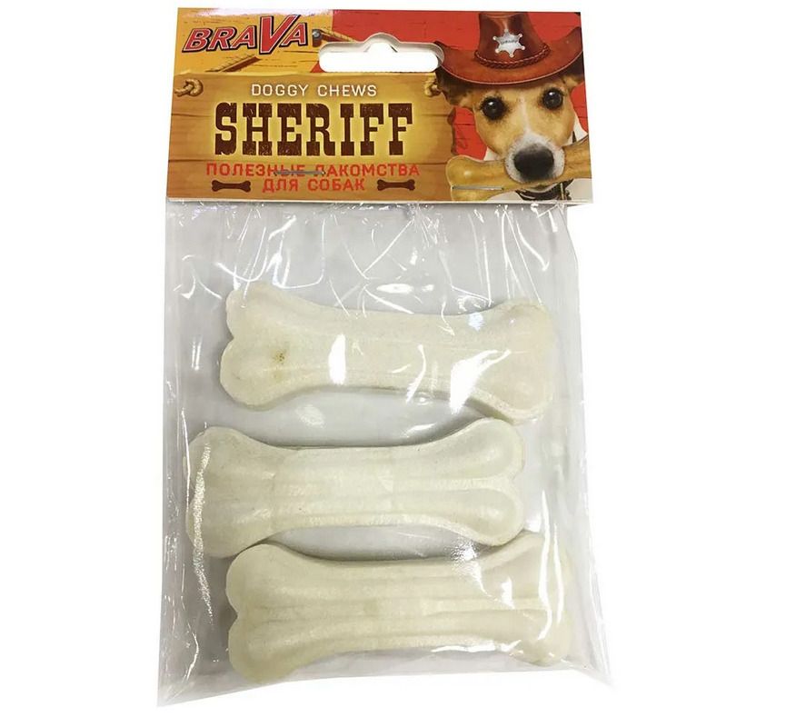 Лакомство Для Собак Сыромятная Косточка Белая 3" 7,5см 50шт Brava Sheriff (Брава Шериф), цена за 1 шт.