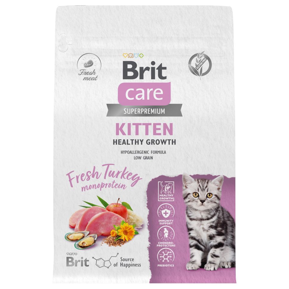 Brit: Care, Сухой корм с индейкой для котят, беременных и кормящих кошек, Cat Kitten Healthy Growth, 400 гр.