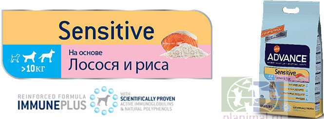 Advance корм для собак с чувствительным пищеварением: лосось и рис Sensitive, 12 кг