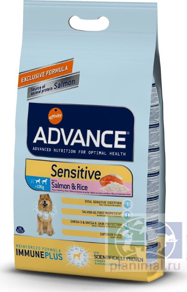 Advance корм для собак с чувствительным пищеварением: лосось и рис Sensitive, 12 кг