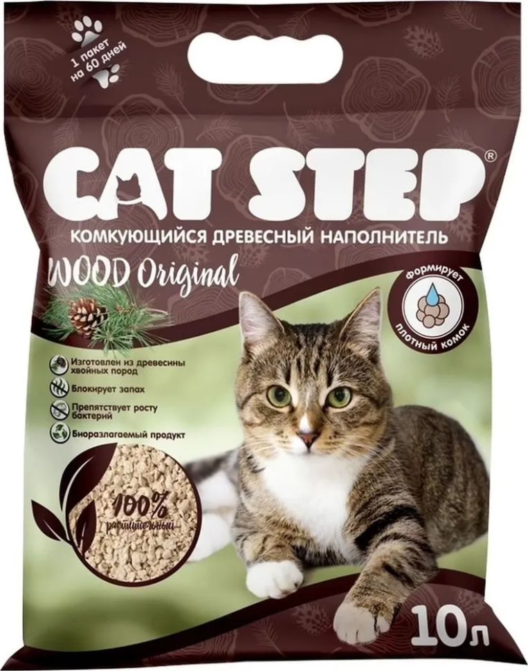 CAT STEP: Wood Original, наполнитель, для кошек, комкующийся, растительный, 10 л.