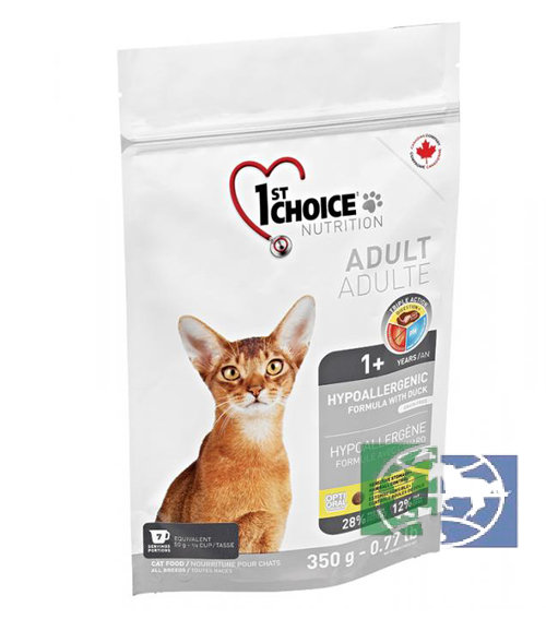 1st Choice HYPOALLERGENIC  гипоаллергенный сухой корм для кошек (с уткой и картофелем), 350 гр.