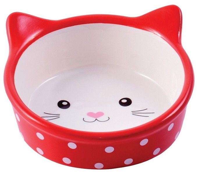 Mr.Kranch: КерамикАрт, миска керамическая, для кошек, Мордочка кошки, красная в горошек, 250 мл 