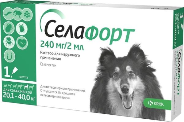 КРКА: Селафорт капли от блох, клещей, глистов для собак 20-40 кг, 240 мг/2 мл