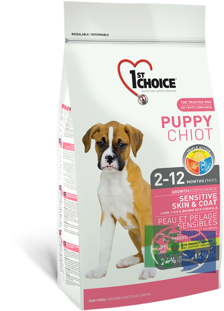 1st Choice puppy sensitive skin & coat сухой корм для здоровья кожи и шерсти щенков (с ягненком, рыбой и рисом), 14 кг
