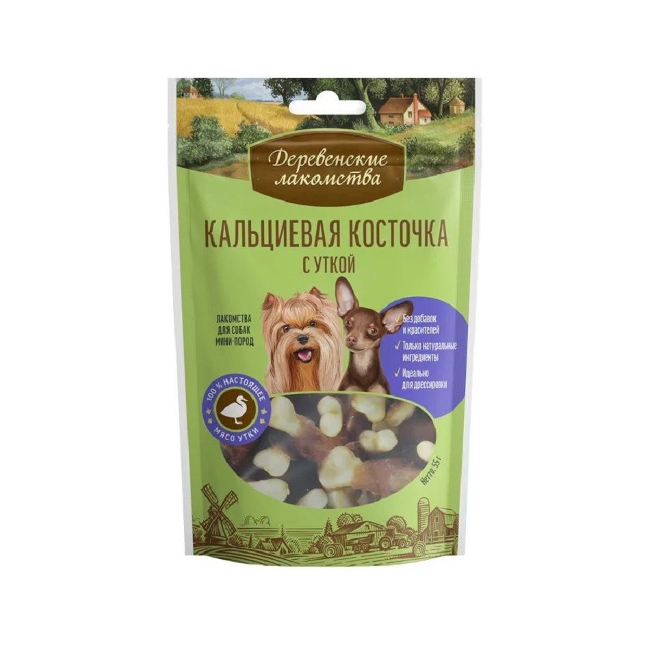 Деревенские Лакомства: Кальциевая косточка с уткой, для собак мини-пород, 55 гр