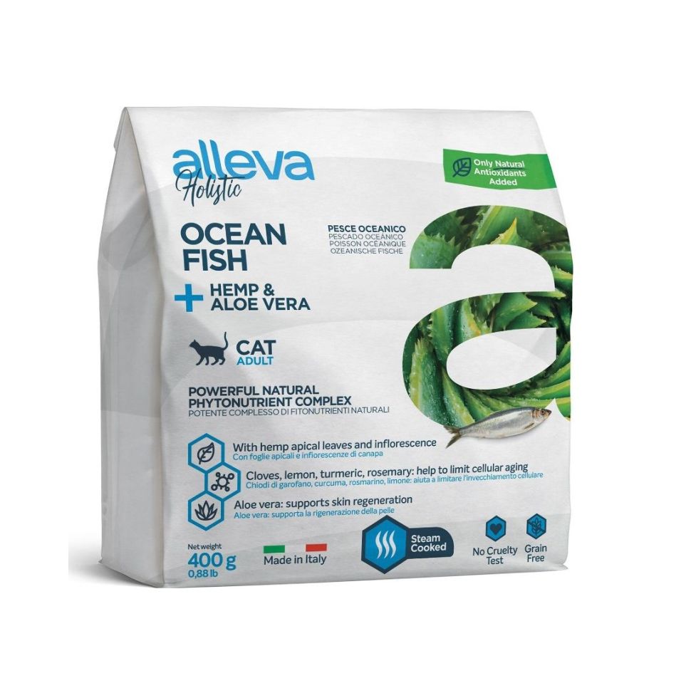Alleva: Холистик, корм для взрослых кошек, с океанической рыбой, коноплей и алое вера, 0,4 кг