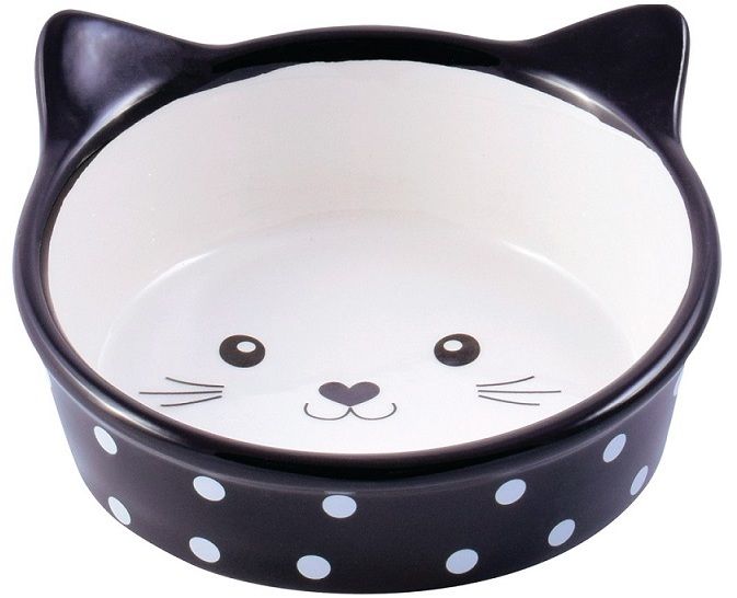 Mr.Kranch: КерамикАрт, миска керамическая, для кошек, Мордочка кошки, черная в горошек, 250 мл 