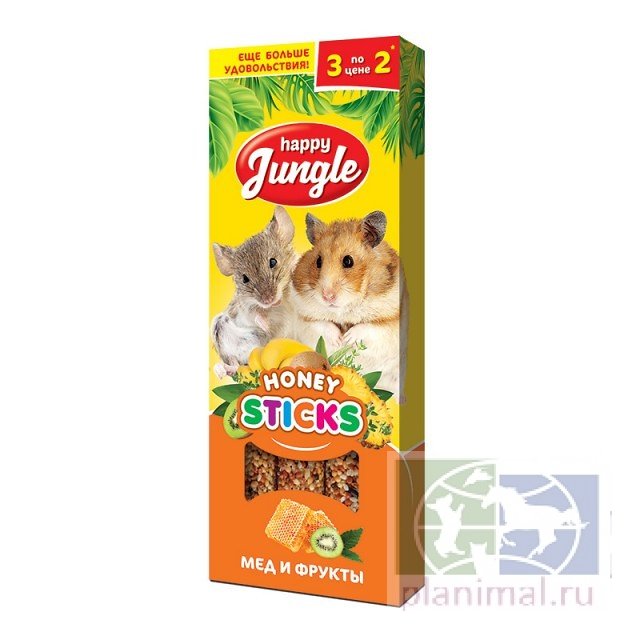 Happy Jungle Зерновые палочки для хомяков, песчанок, крыс, мышей Мёд и фрукты, 3 шт., 90 гр.