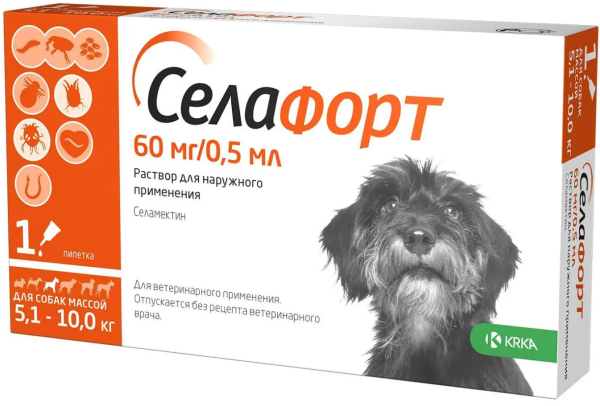 КРКА: Селафорт капли от блох, клещей, глистов, для собак 5-10 кг, 60 мг/0,5 мл