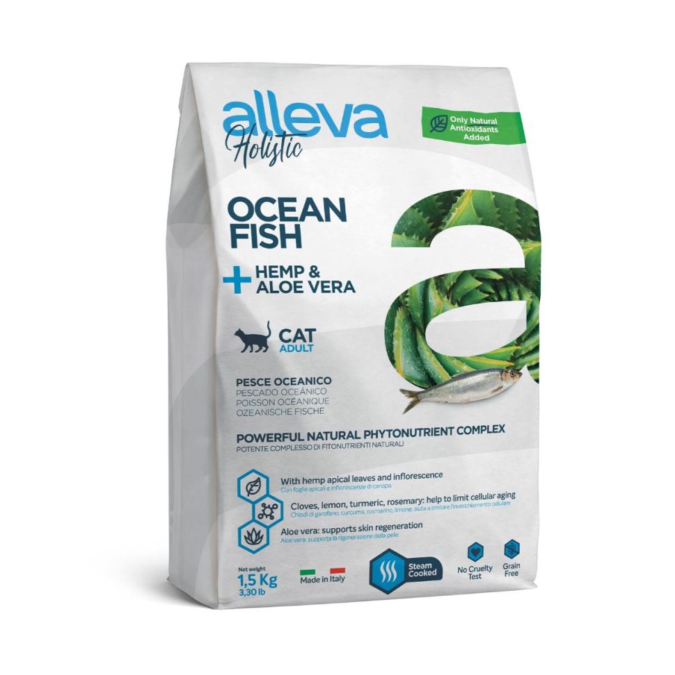 Alleva: Холистик, корм для взрослых кошек, с океанической рыбой, коноплей и алое вера, 1,5 кг