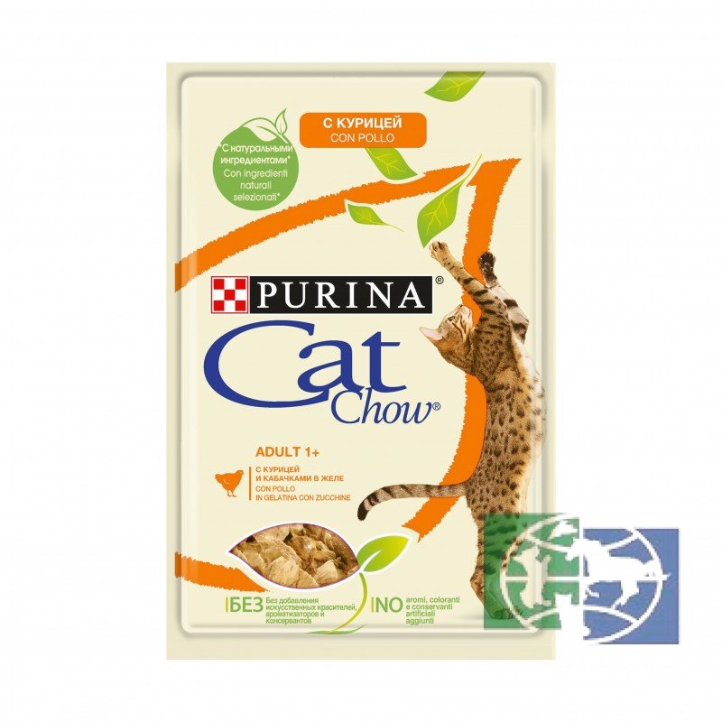 Консервы "Cat Chow", для взрослых кошек с курой и кабачками в желе, 85 гр.
