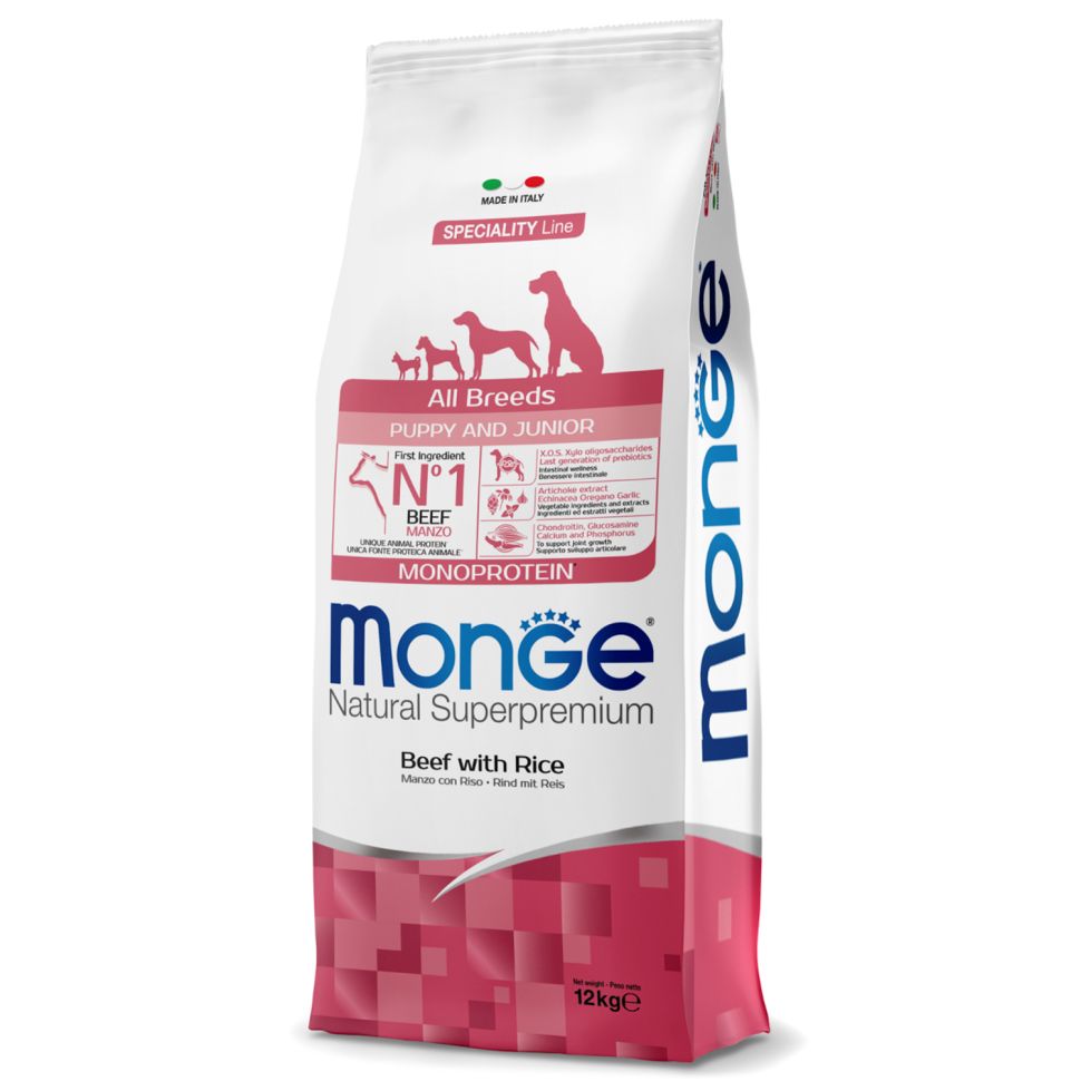 Monge: Dog Monoprotein Puppy&Junior, корм для щенков всех пород, говядина с рисом, 12 кг