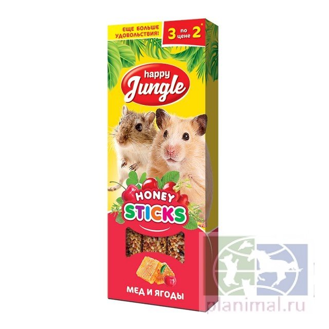 Happy Jungle Зерновые палочки для хомяков, песчанок, крыс, мышей Мёд и ягоды, 3 шт., 90 гр.