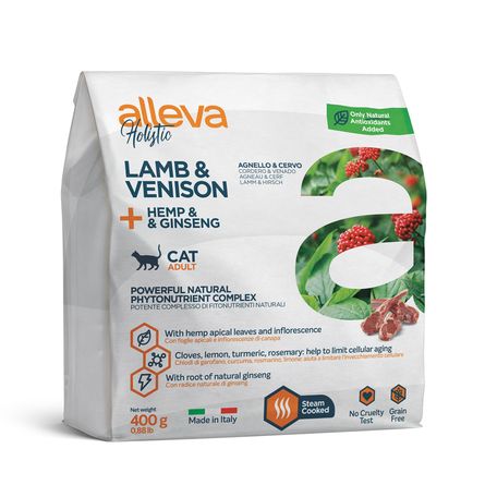 Alleva: Холистик, корм для взрослых кошек, с ягненком и олениной, коноплей и женьшенем, 0,4 кг
