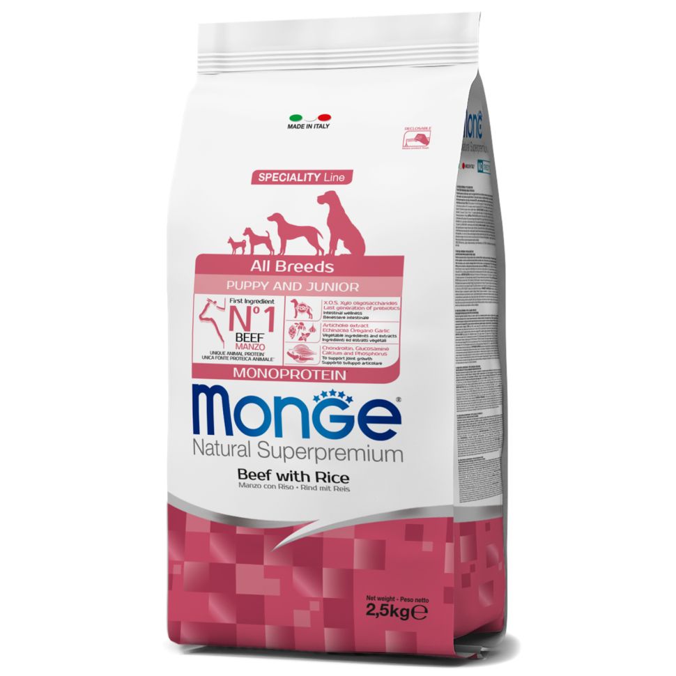 Monge: Dog Monoprotein Puppy&Junior, корм для щенков всех пород, говядина с рисом, 2,5 кг