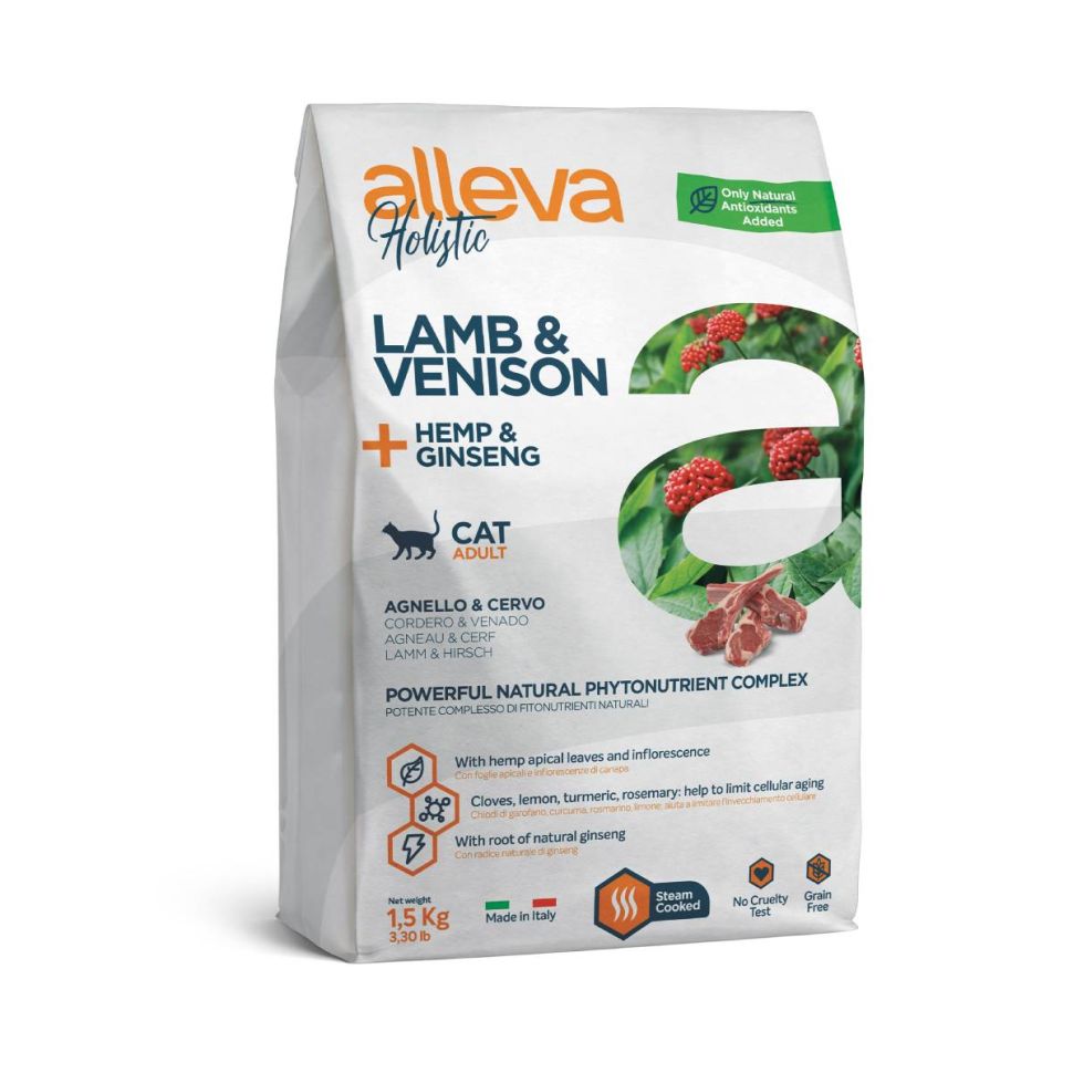Alleva: Холистик, корм для взрослых кошек, с ягненком и олениной, коноплей и женьшенем, 1,5 кг