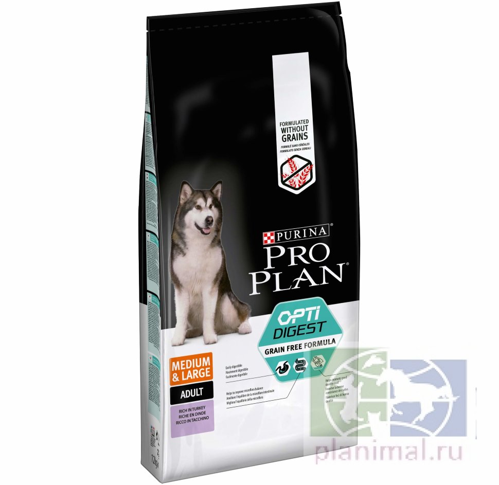 Pro Plan беззерновой корм для взрослых собак средних пород с чувствительным пищеварением Индейка, 12 кг