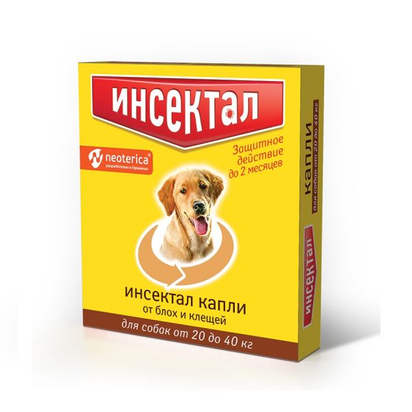 Экопром: Инсектал, капли против блох, вшей, власоедов, клещей, для собак 20-40 кг, 2,9 мл, 6 пипеток