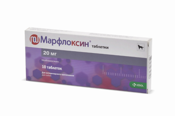 KRKA: Марфлоксин 20 мг, марбофлоксацин,  при заболеваниях бактериальной и микоплазменной этиологии, 10 таб.