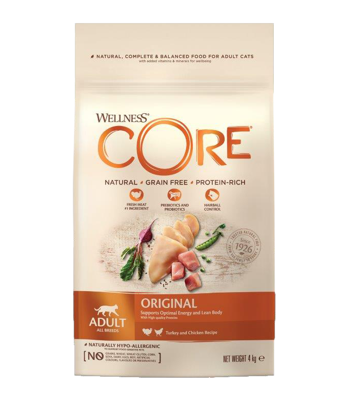 Wellness Core беззерновой корм сухой полнорационный из индейки с курицей для взрослых кошек 4 кг