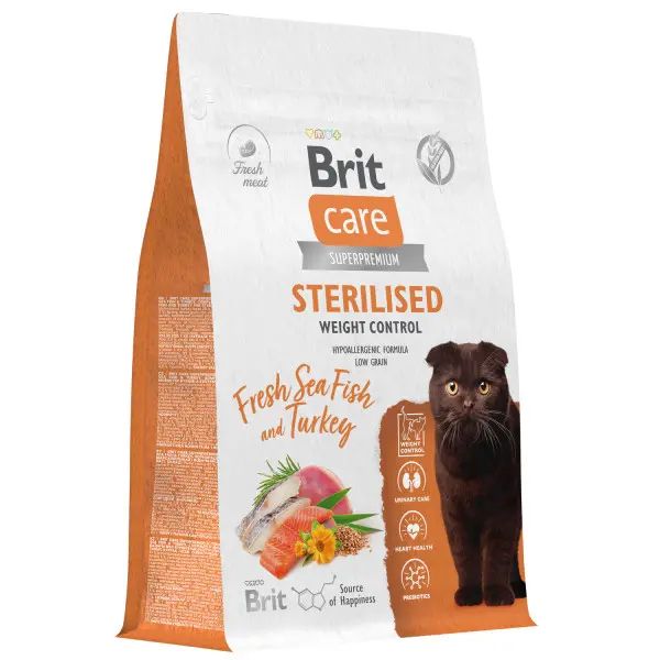 Brit: Care, Сухой корм с морской рыбой и индейкой, для стерилизованных кошек, Cat Sterilised Weight Control, 1,5 кг