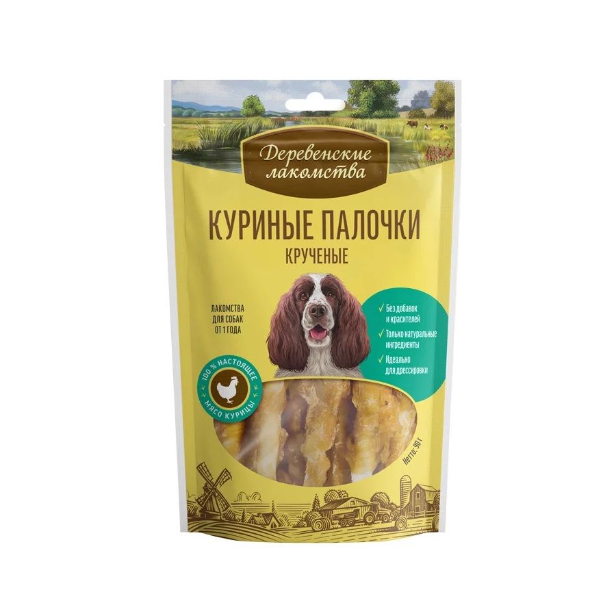 Деревенские Лакомства: Куриные палочки крученые, лакомство для собак, 90 гр