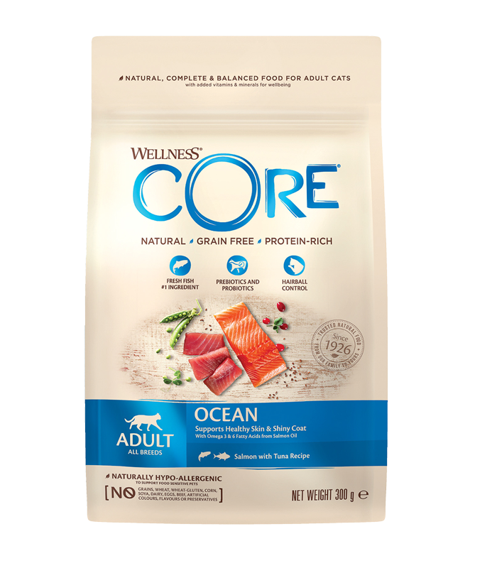 Wellness Core беззерновой корм сухой полнорационный  из лосося с тунцом для взрослых кошек 300 гр. 