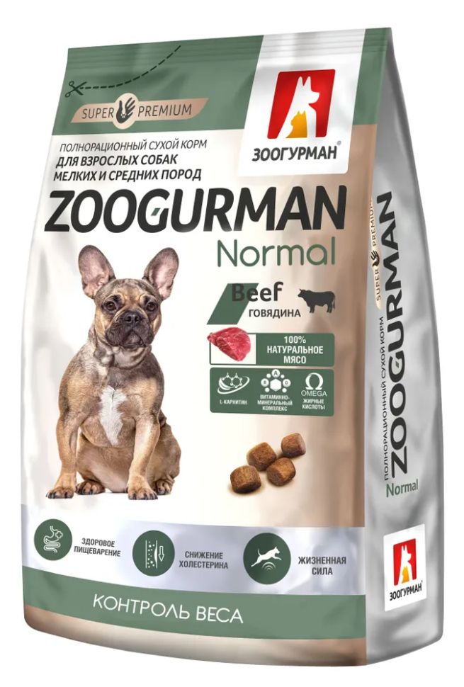 Zoogurman: Normal Beef, корм собак мелких и средних пород, на говядине, Контроль веса, 1,2 кг