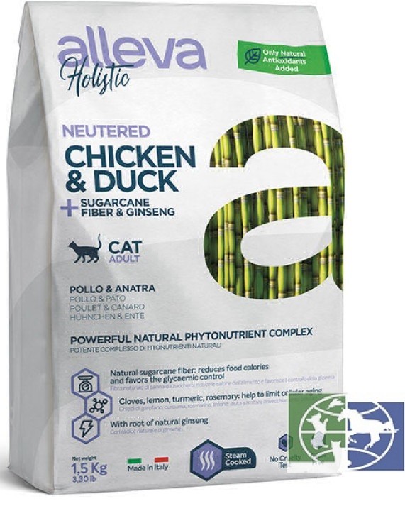 Alleva: Холистик, для стерилизованных кошек, курица и утка, волокна сахарного тростника и женьшень, 1,5 кг