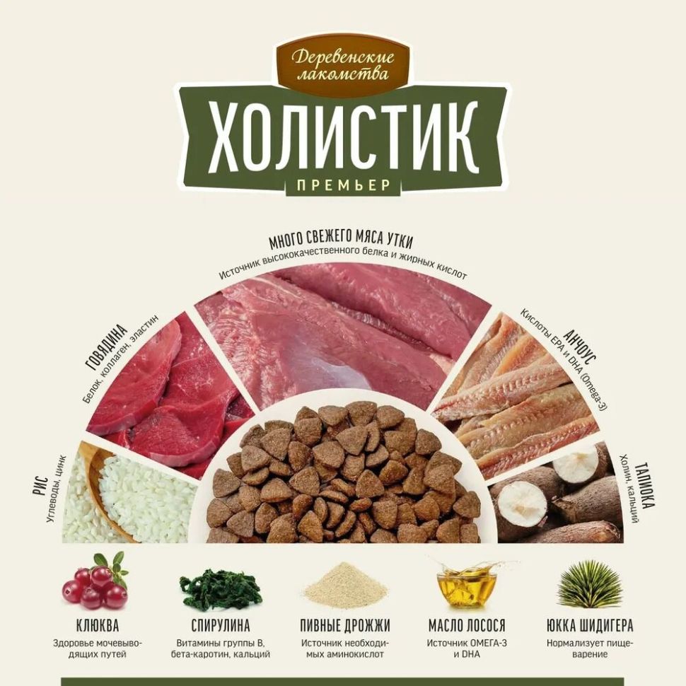 Деревенские лакомства: Холистик Премьер, утка, сухой корм, для кастрированных кошек, 2 кг