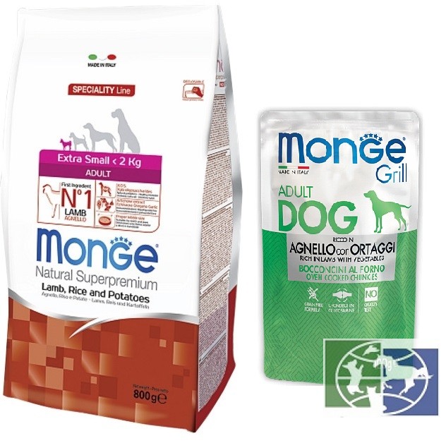 Monge Extra Small корм для собак миниатюрных пород ягненок, рис картофель 800г + Gril Pouch ягненок с овощами 100г В ПОДАРОК