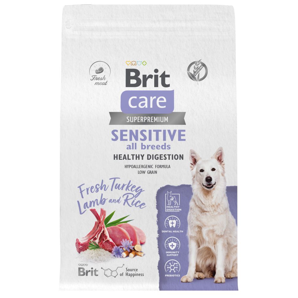Brit: Care Сухой корм с индейкой и ягненком для собак всех пород Dog Adult Sensitive Healthy Digestion, 1,5 кг