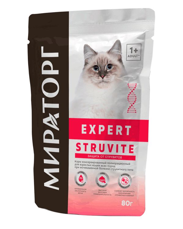 Мираторг: Expert Struvit, консервы для кошек, при мочекаменной болезни струвитного типа, 80 гр.