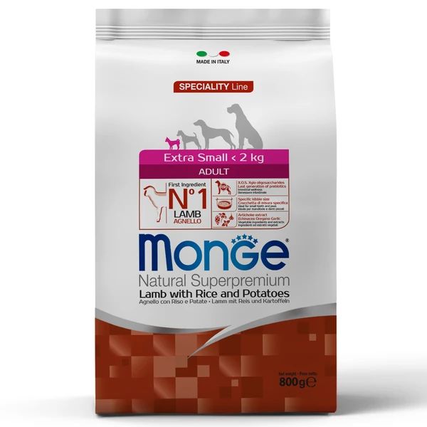 Monge: Speciality Extra Small, корм для взрослых собак миниатюрных пород, ягненок с рисом и картофелем, 800 гр