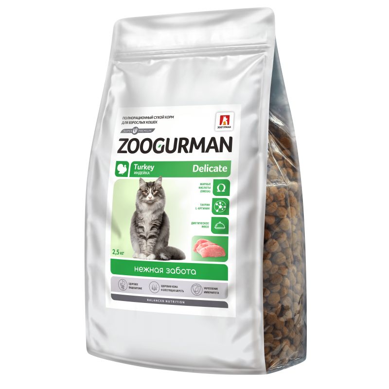 Zoogurman: DELICATE, сухой корм для кошек, индейка, 2,5 кг