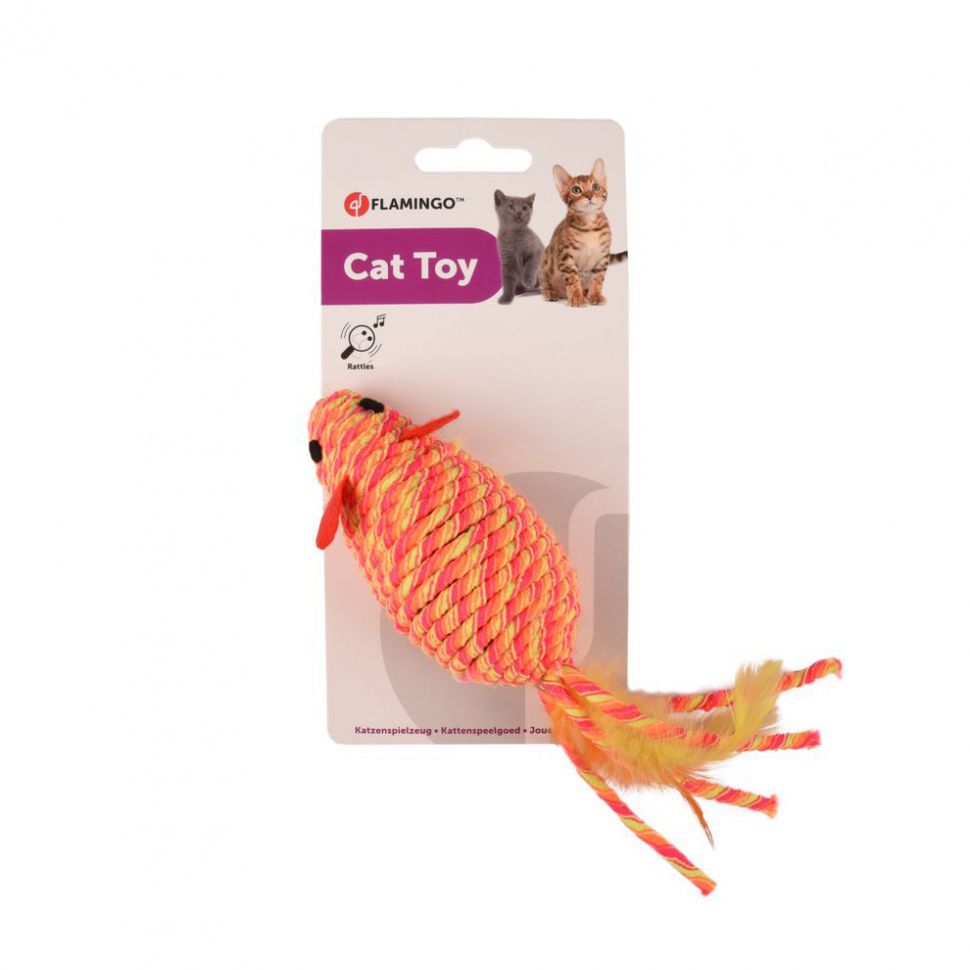 Flamingo:  Мышки Биби, игрушка для кошек, оранжевая, веревка, дребежжит, с лентами и перьями